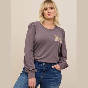 Torrid - Mystic Love Super Soft Slub Crew Neck Puff Sleeve Color Foil Top, Grey﻿